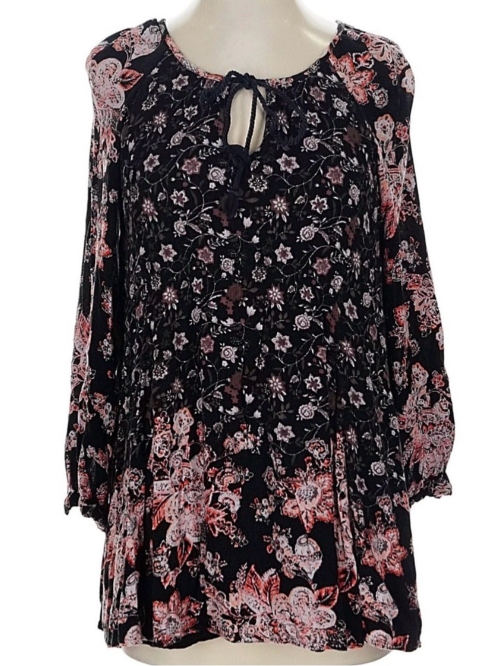 EUC FREE PEOPLE Beautiful Boho Black Floral Tie-Front Tunic/Dress